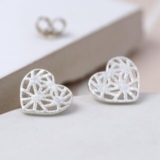 Sterling Silver Lattice Heart Stud Earrings