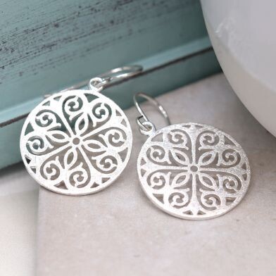 Sterling silver filigree disc drop earrings with scratched finish
