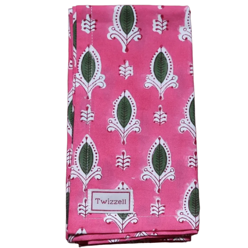 PINK WITH GREEN LEAF NAPKIN X 4