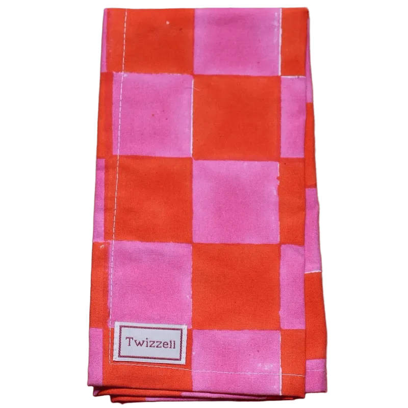 PINK & ORANGE CHECKERBOARD NAPKIN X 4