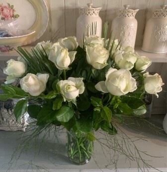Roses all White Glass Vase