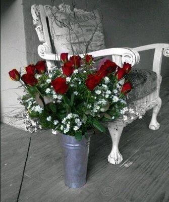 Galvanized Vase Red Roses