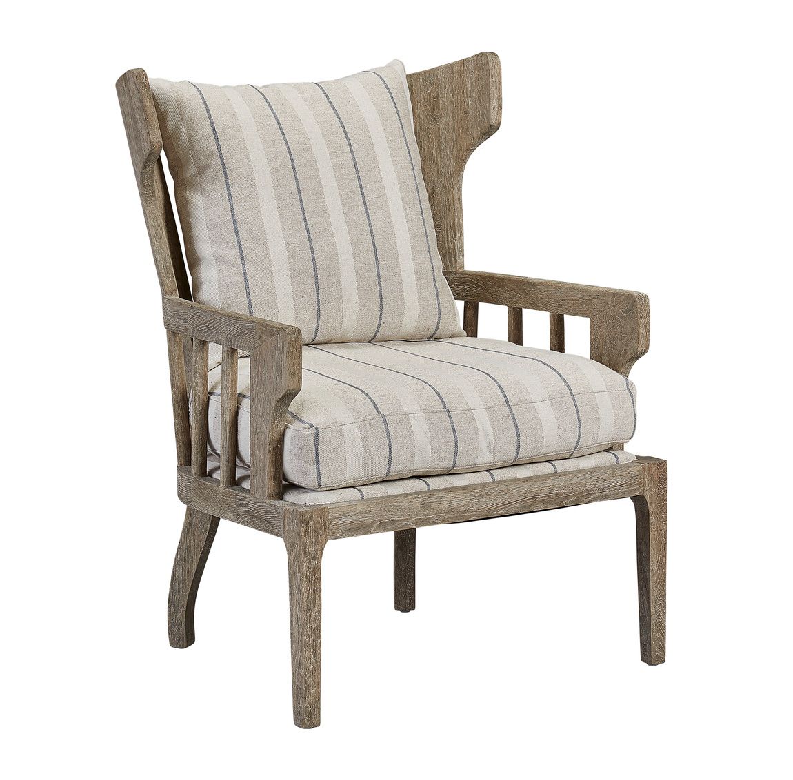 Wing Back Chair in Neutral Striped Upholstery w/ Driftwood Frame 31.5"W x 31"D x 41.5"H