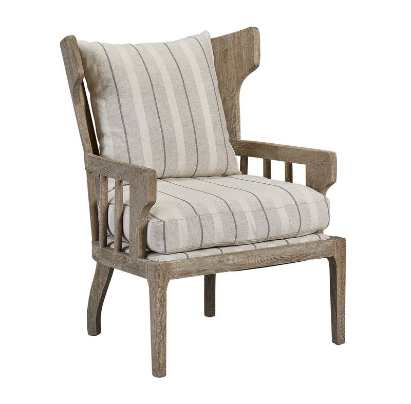 Wing Back Chair in Neutral Striped Upholstery w/ Driftwood Frame 31.5"W x 31"D x 41.5"H