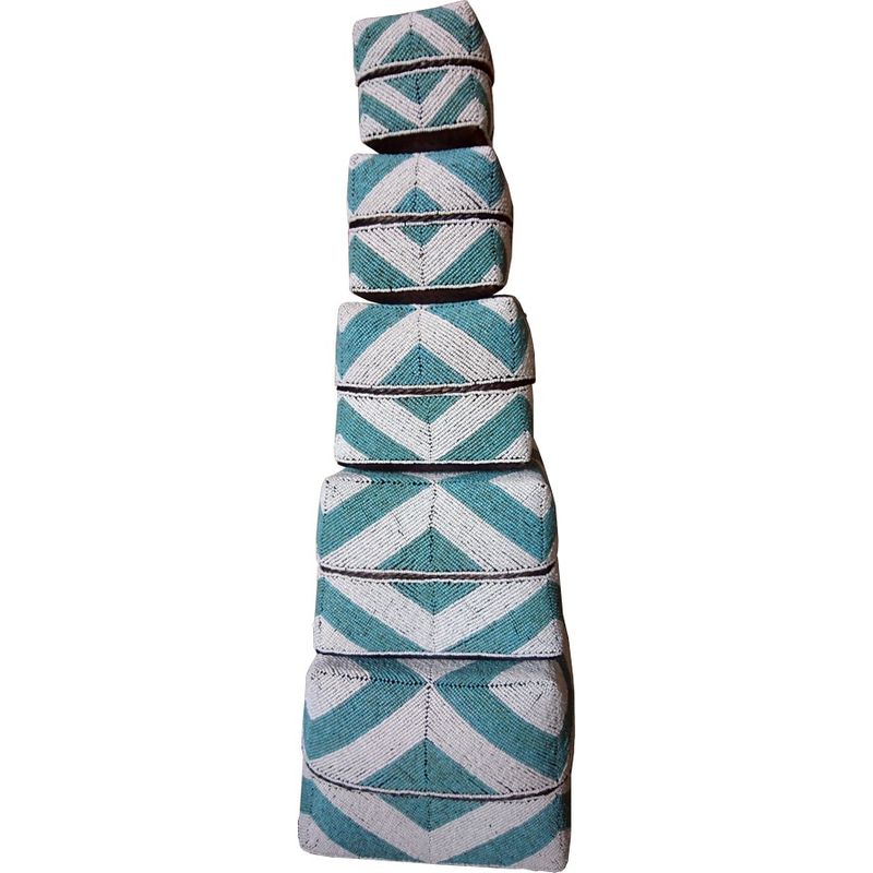 Set of Five Woven Bead Bamboo Baskets - Agean Blue and White