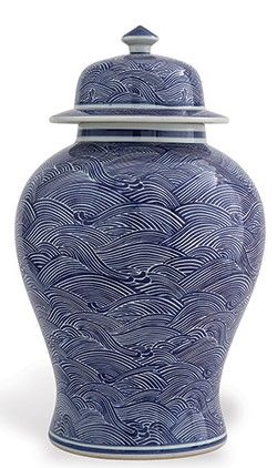 16"Dia. x 24"H Porcelain Temple Jar in a Blue and White Wave Pattern - Large