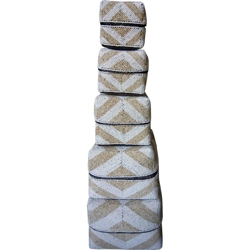 Set of Five Woven Bead Bamboo Baskets - Natural and White