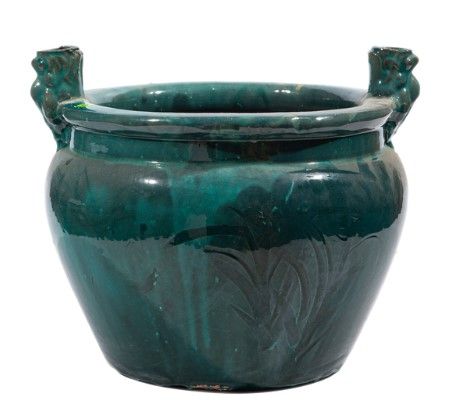 Hand-Crafted Vintage Green Glazed Ceramic Pot with Handles 14"W x 15"D x 12"H