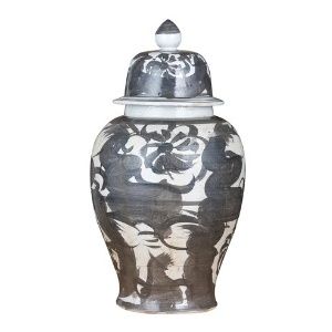22" Black Porcelain Lidded Temple Jar with Flower Motif