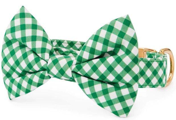 14-19" Green Gingham Check Designer Bow Tie Collar with Gold Metal Hardware