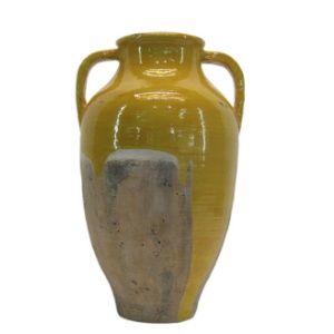 Tall Distressed Yellow Ceramic Vase with Handles