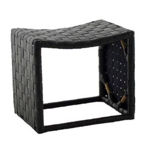 Black Leather and Natural Rattan Stool 22"W 16"D 19.75"H