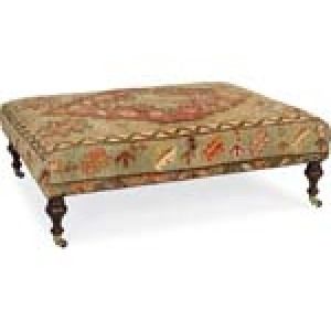 Antique Rug Cocktail Ottoman with Leather Welt Turned Feet and Casters