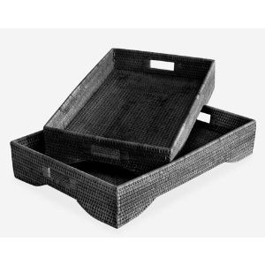 Large Black Woven Rattan Tray with Handles