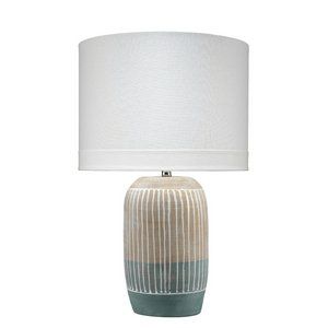 Two-Toned Natural Slate Table Lamp with White Stripe Detail and Linen Shade 18"Dia. x 29.5"H