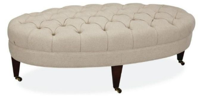 Leather Oval Ottoman with Button Tufting, Fabric Banding w/ Nails