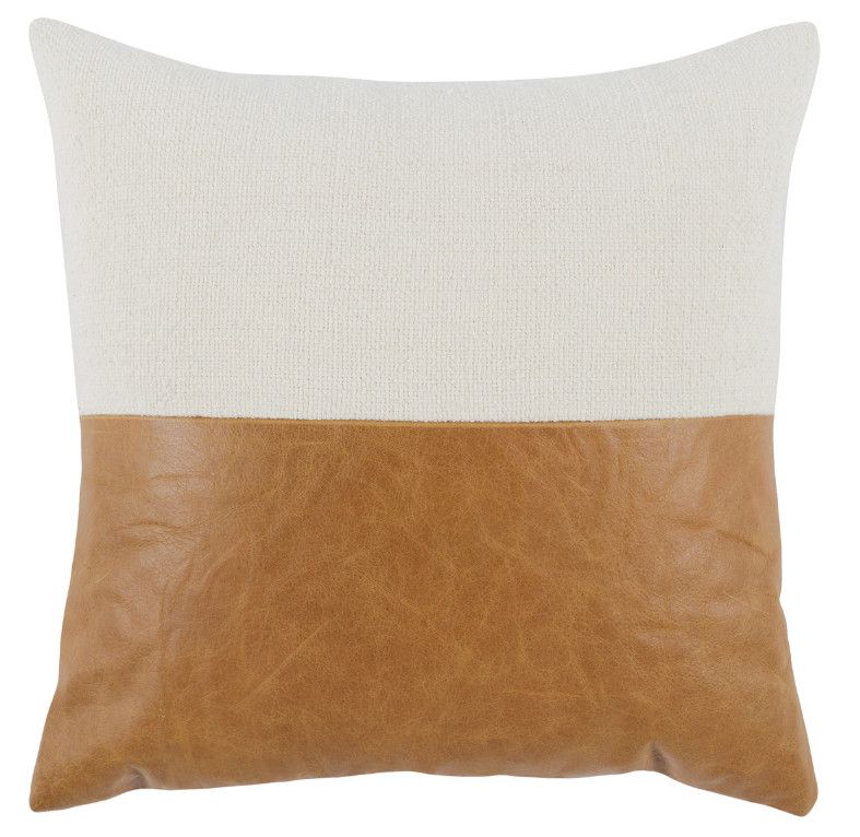 20" x 20" Ivory Linen and Chestnut Leather Pillow