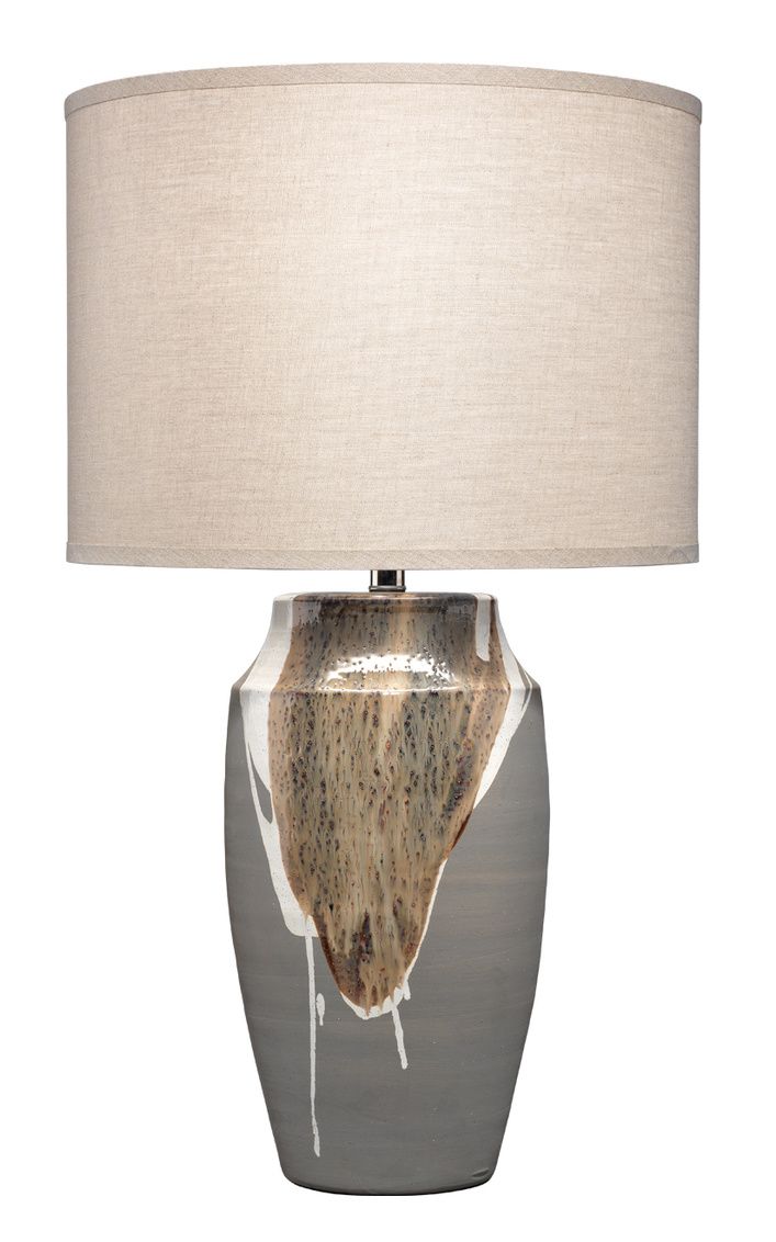 Hand-Painted Grey Ceramic Table Lamp w/ Natural Linen Drum Shade 32"H x 18"Dia.