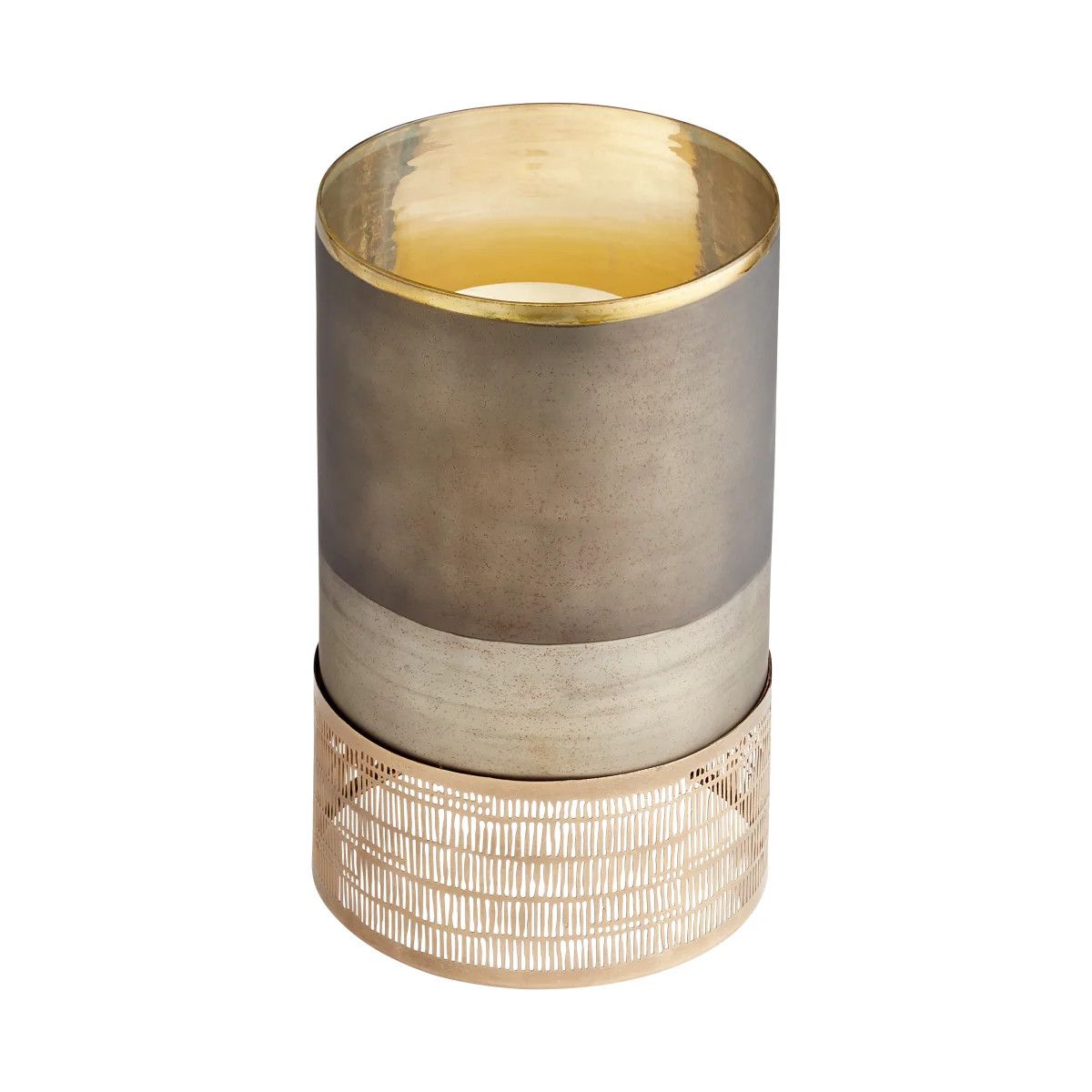 Large 2 Piece Glass & Iron Candleholder w/ Gold Accents