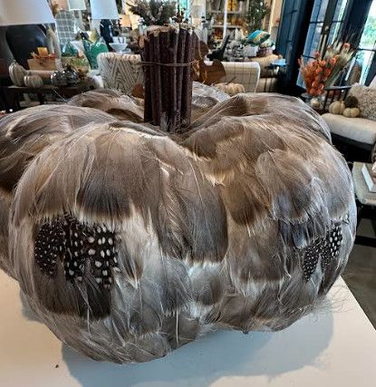 12.25" Gray and Brown Feathered Pumpkin w/ Twig Stem