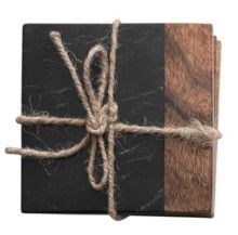 Set of Four Black Marble and Acacia Wood Coasters