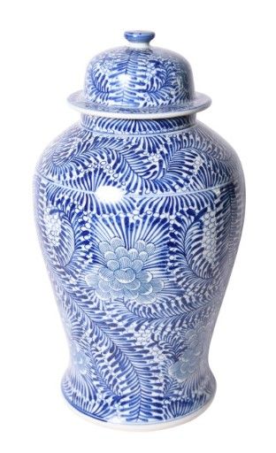 11"Dia. x 22"H Ceramic Blue and White Hand-Painted Temple Jar