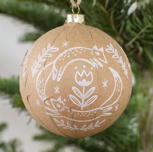 Natural Paper Mache Ornament w/ White Printed Forest Friends