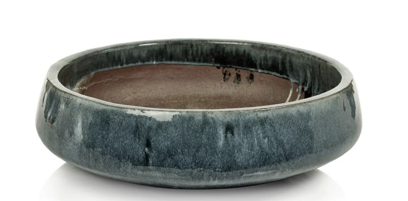 Large Blue Glazed Stone Planter Bowl 19"Dia. x 5.5"H