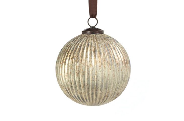 5.5" Antiqued Silver Ribbed Glass Ball Ornament