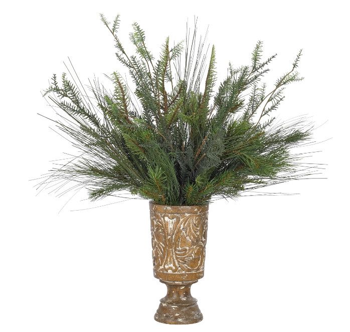 Pine Branch Arrangement in Carved Wooden Urn