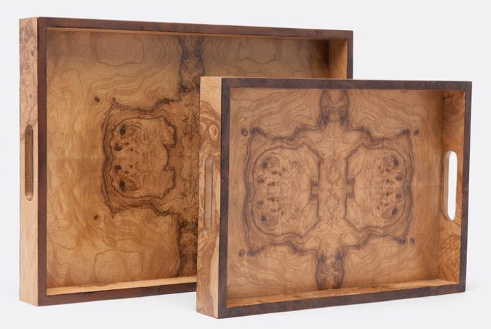 Large Tan and Almond Contrasting Wood Tray 20"L x 14"D x 2"H
