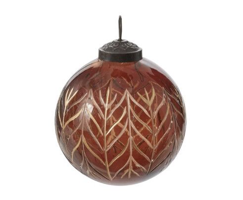 2.75" Round Amber Glass Ornament w/ Etched Gold Branches
