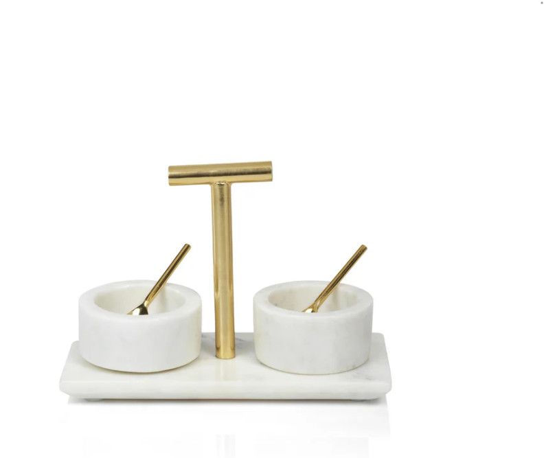 Set of 2 Marble Condiment Bowls w/ Brass Spoons