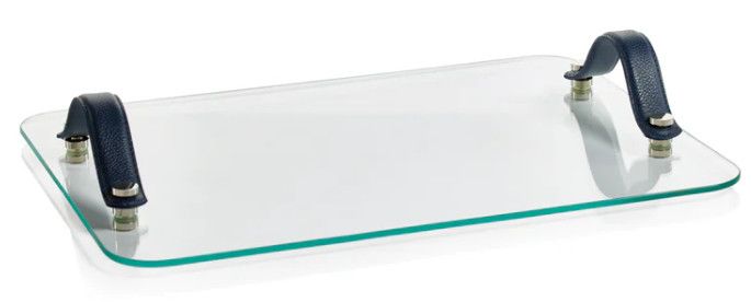 Glass Serving Tray with Navy Leather Handles