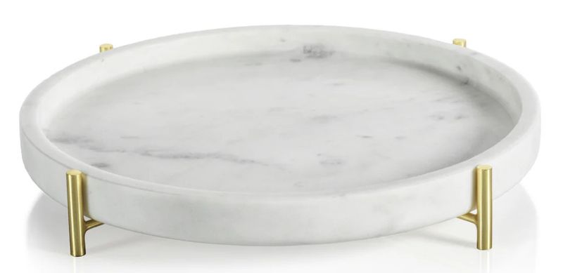 Ivory Marble and Stainless Steel Tray with Gold Legs 12"Dia. x 1.75"H
