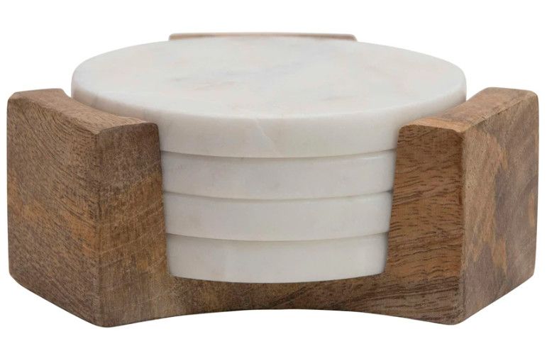 White Marble Coasters w/ Mango Wood Tray 4"Dia. x 5"H