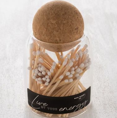 White Tipped Matches in Glass Container w/ Round Cork Stopper