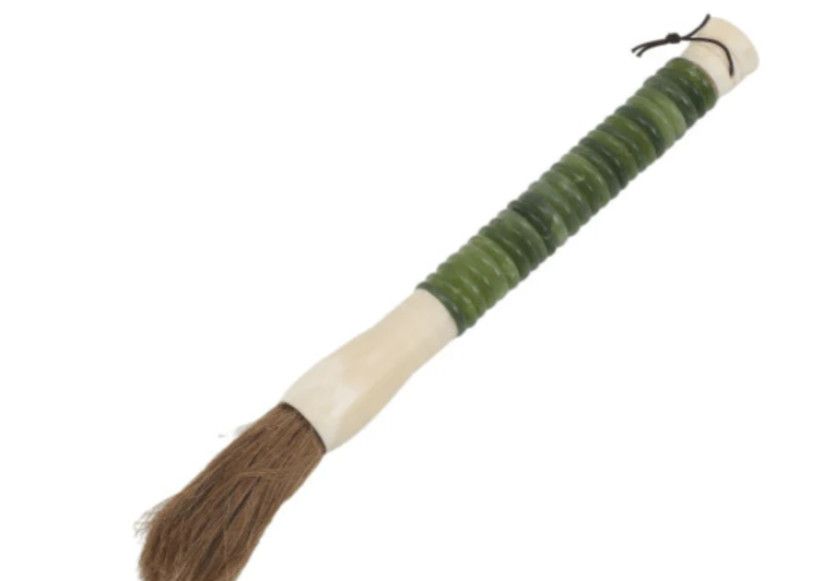 Hand-Carved Green Jade Ringed Calligraphy Brush 12"W