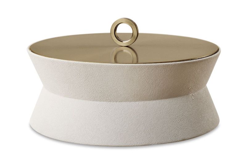 Round White Faux Shagreen Box w/ Brass Lid 10"W x 10"D x 6"H