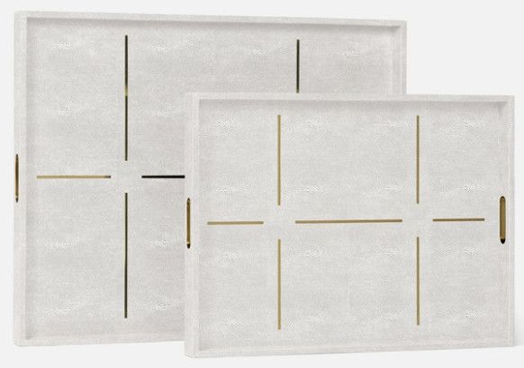 Tray in White Faux Realistic Shagreen w/ Brass Accents 24"L x 18"W x 2"H