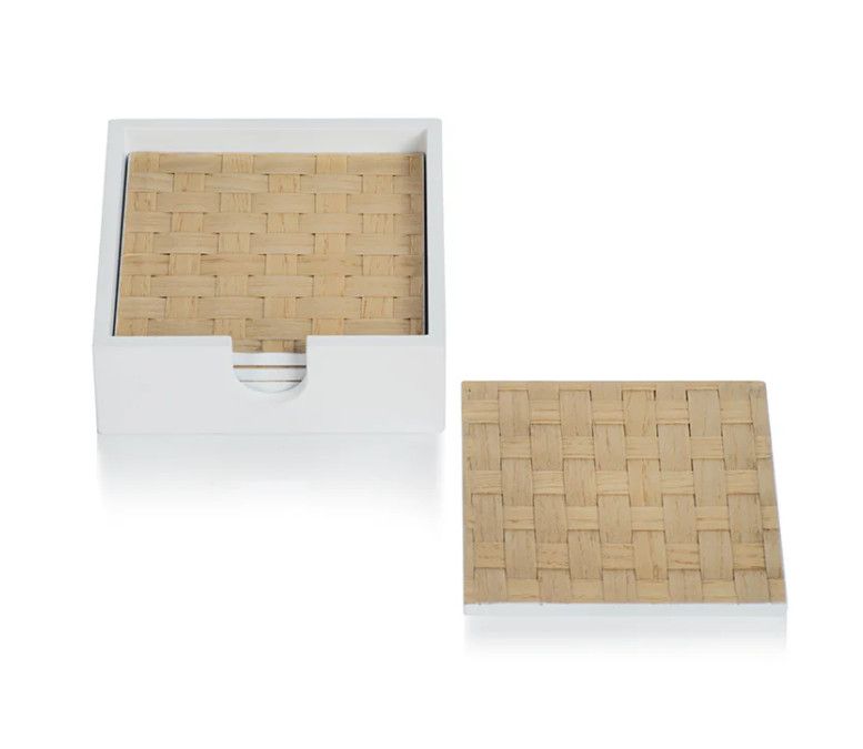 Set of Four Natural Woven Coasters w/ White Tray