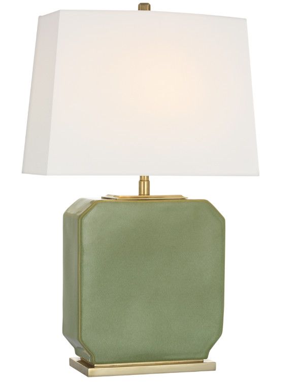 Green Glazed Table Lamp w/ Rectangular Linen Shade 12"W x 19.75"H