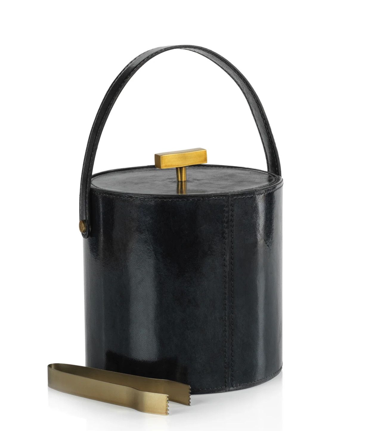Navy Leather Ice Bucket w/ Gold Tong