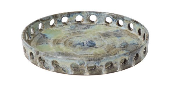 Round Green & Blue Ceramic Tray 12.5"Dia. x 1.75"H