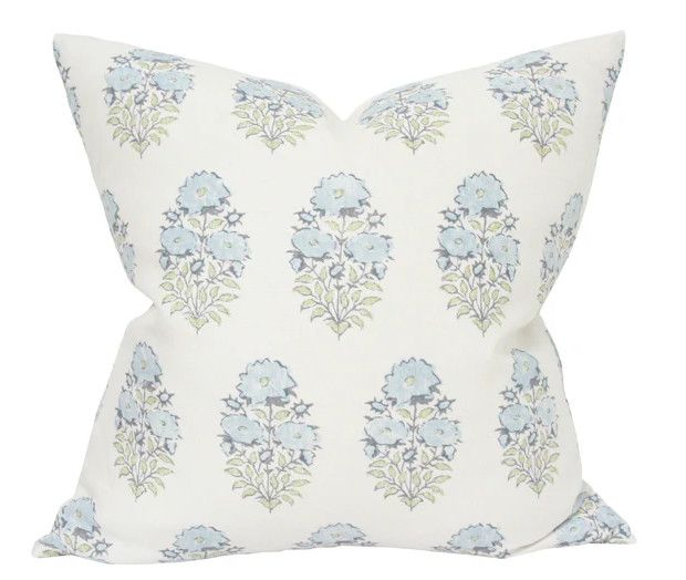 22x22 Blue & Green Floral Motif Pillow w/ Down-Filled Insert