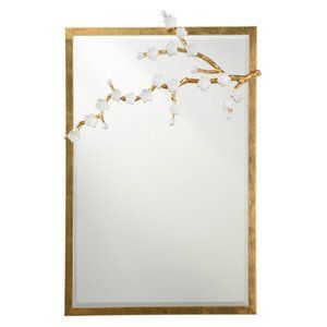 White Cherry Blossoms Beveled Mirror w/ Antique Gold Leaf Frame 24.5"W x 4.5"D x 38.5"H