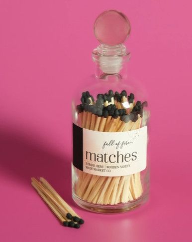 Black Tipped Matches in Glass Container w/ Round Glass Stopper