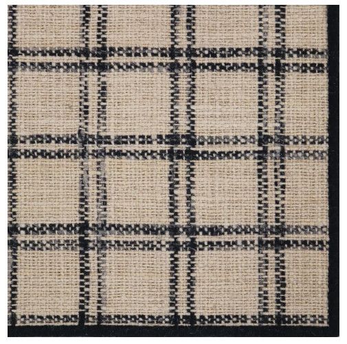Wool and Linen Hand-Loomed Neutral and Navy Plaid Rug w/ Serged Edge 2' x 3'