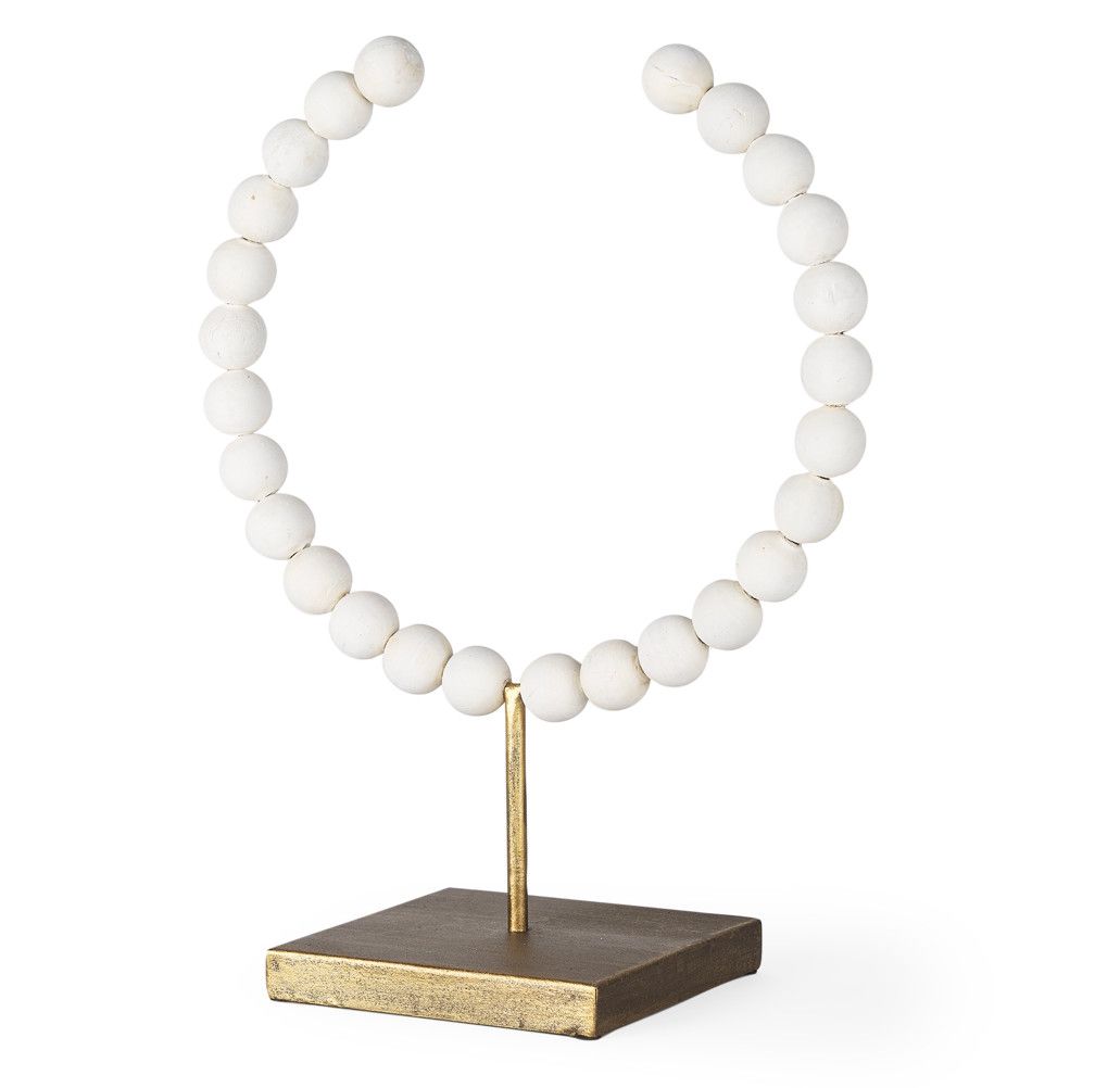 Large White Beaded Ring Sculpture w/ Gold Base  11.4"L x 6"W x 15.6"H