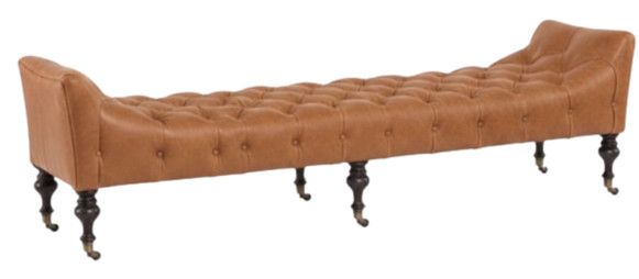Long Tufted Leather Bench w/ Turned Feet & Brass Ferrules 85"W x 23"D x 24"H